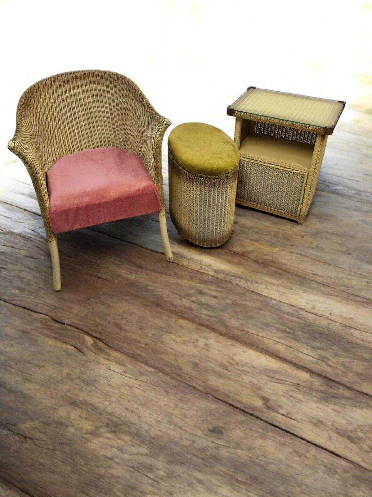 Vintage Lloyd Loom Lusty Bathroom Set / Armchair / Cabinet / Ottoman / C.1950.