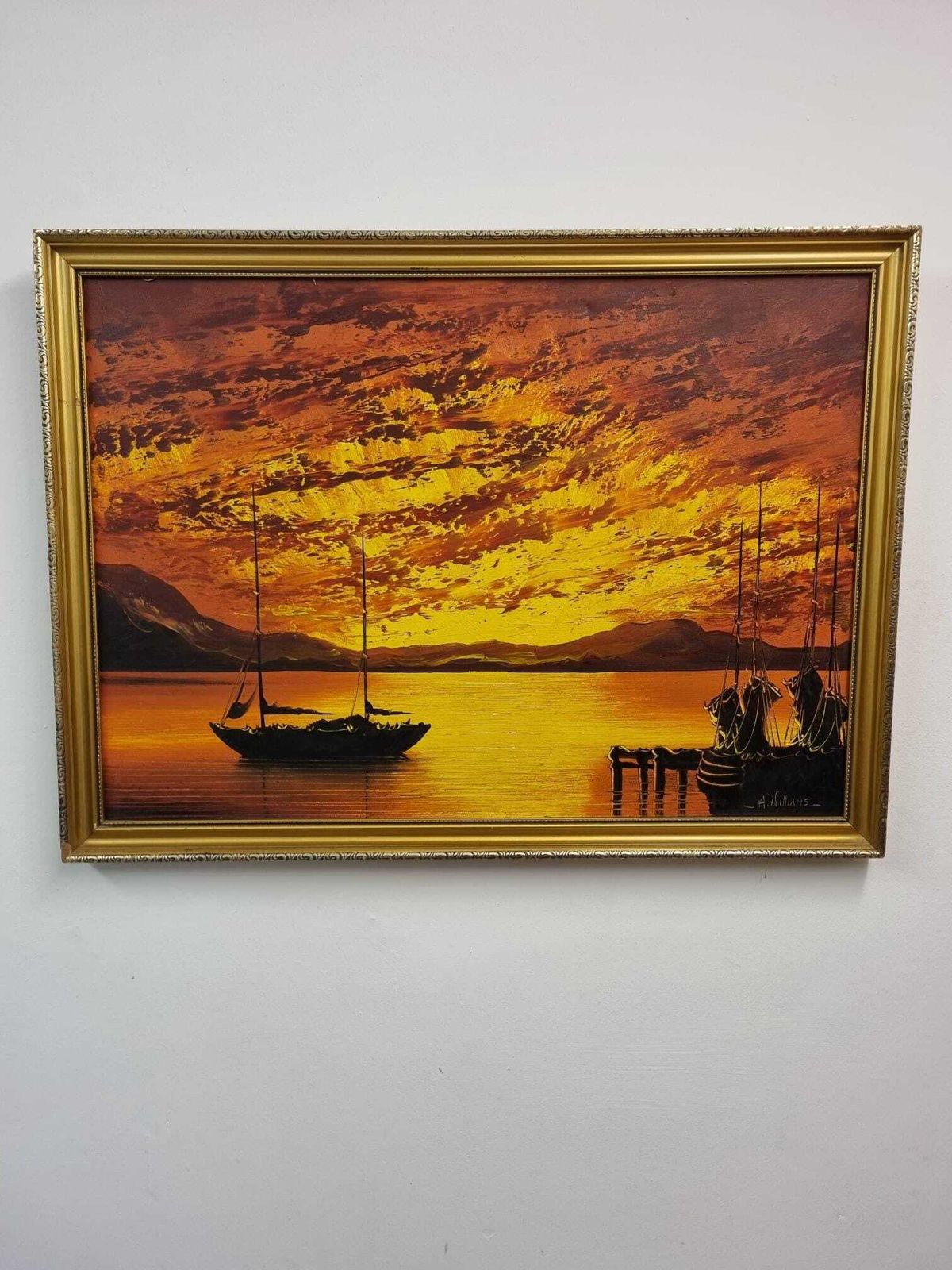 Vintage Oil Painting Sunset Harbour Scene / Signed A. Williams 1975.