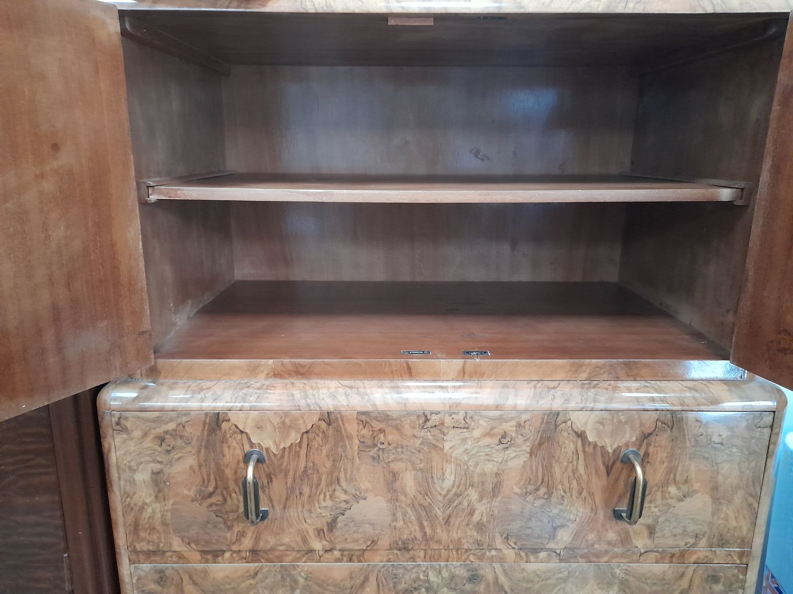 Art Deco 1930s Burr Walnut Tallboy / Cabinet Chest Hungarian Made photo for sale