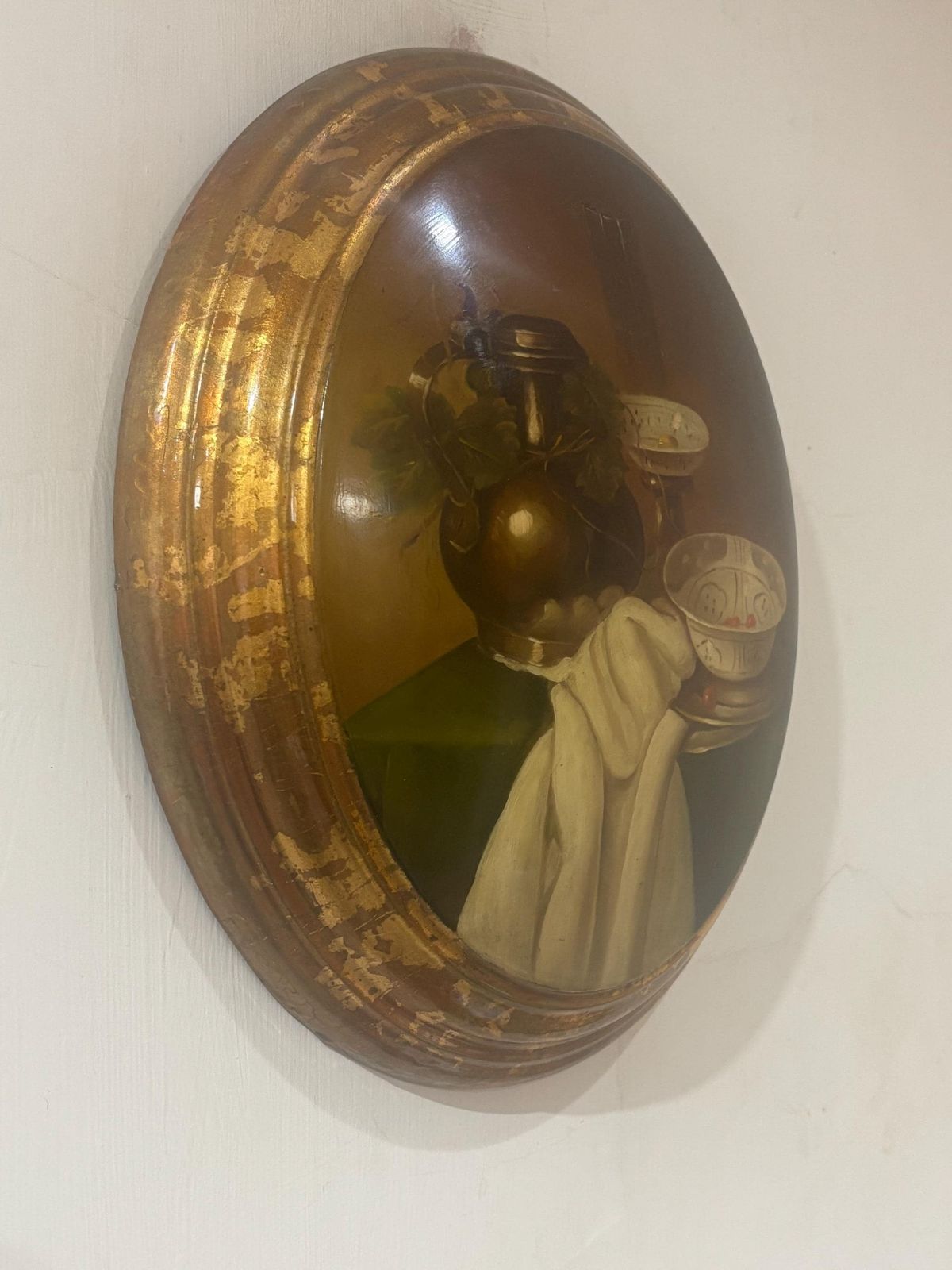 Vintage Hand Painted Still Life Flagon & Bowl Oval Plaque Lacquered Wood Convex 32 Cm photo for sale
