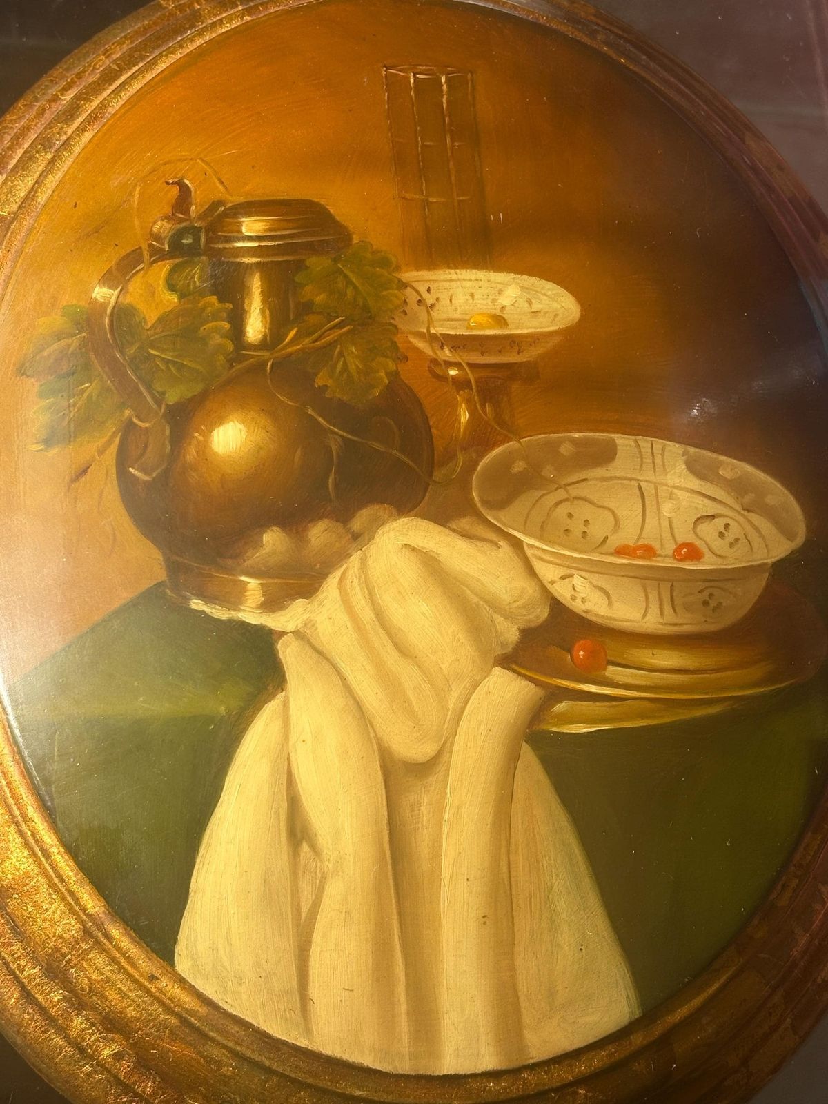 Vintage Hand Painted Still Life Flagon & Bowl Oval Plaque Lacquered Wood Convex 32 Cm photo 130.0