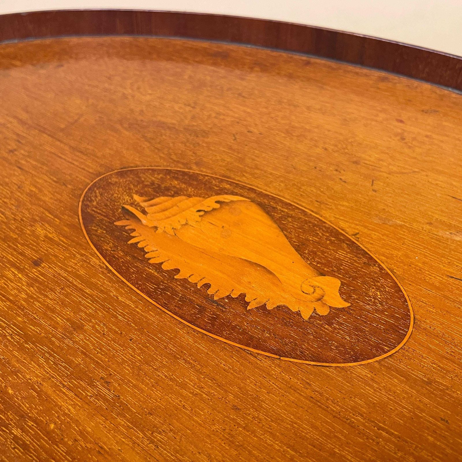 Antique Oval Wooden Tray Central Shell Motif Serving Display Tray Handmade Brass Handles Large Tea Tray Marquetry photo Home Decor