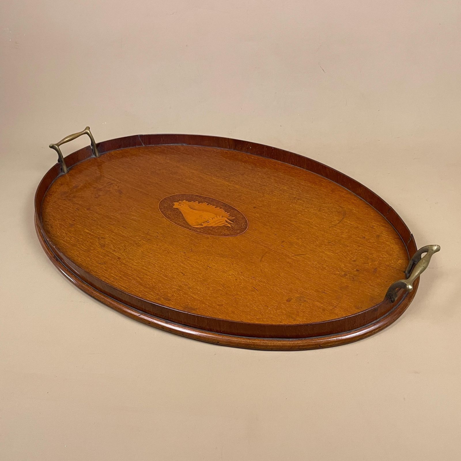 Antique Oval Wooden Tray Central Shell Motif Serving Display Tray Handmade Brass Handles Large Tea Tray Marquetry photo vintage