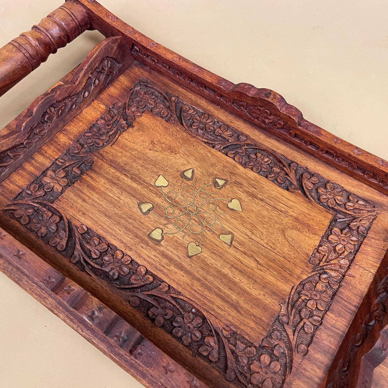 Antique Wooden Tray Handles Gold Metal Inlay Leaf Motif Rectangular Ornate Wood Original Display Serving Tea Tray photo Home Decor