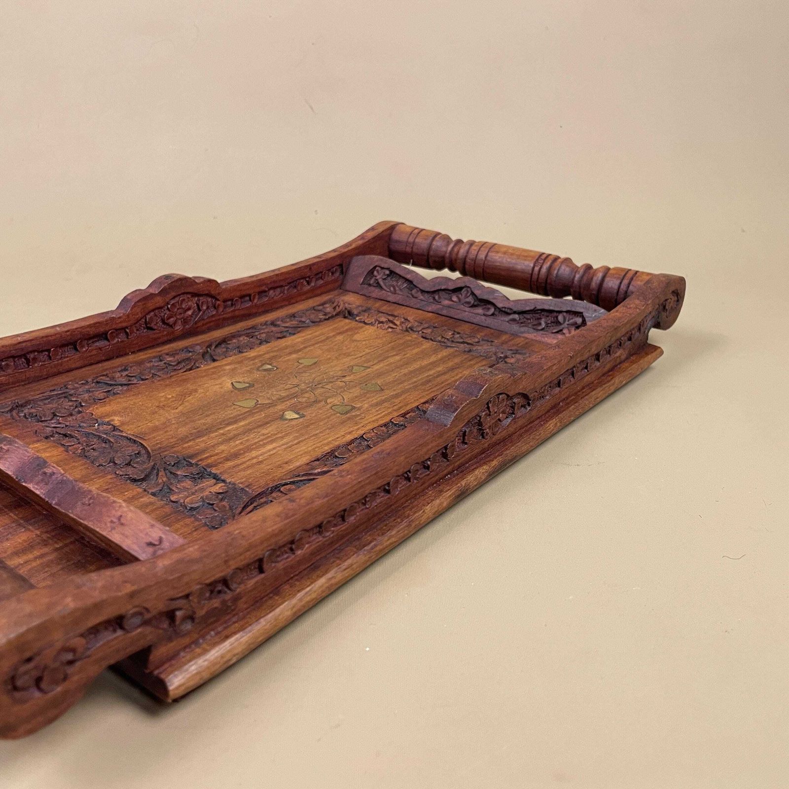 Antique Wooden Tray Handles Gold Metal Inlay Leaf Motif Rectangular Ornate Wood Original Display Serving Tea Tray photo vintage