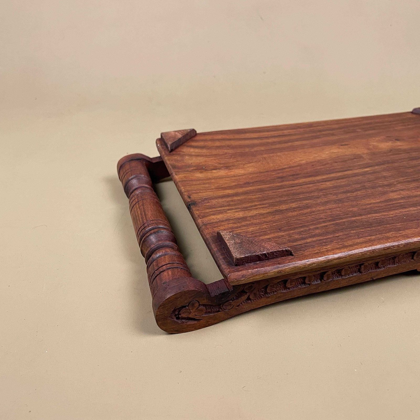 Home Decor Antique Wooden Tray Handles Gold Metal Inlay Leaf Motif Rectangular Ornate Wood Original Display Serving Tea Tray photo