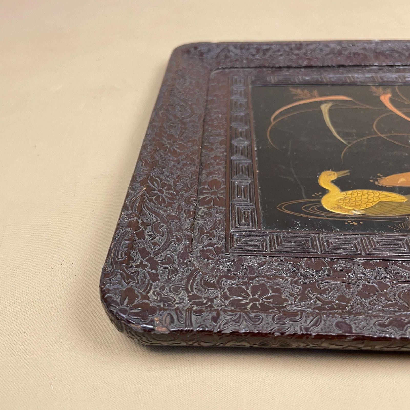 Japanese Tray Hand Painted Duck Scene Black Lacquer Wood Carving Hand Carved Rectangular Asian Oriental Antique Style photo for sale