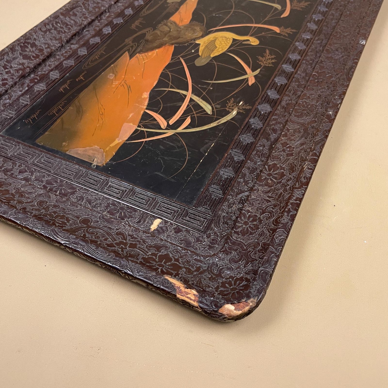 Japanese Tray Hand Painted Duck Scene Black Lacquer Wood Carving Hand Carved Rectangular Asian Oriental Antique Style photo buy
