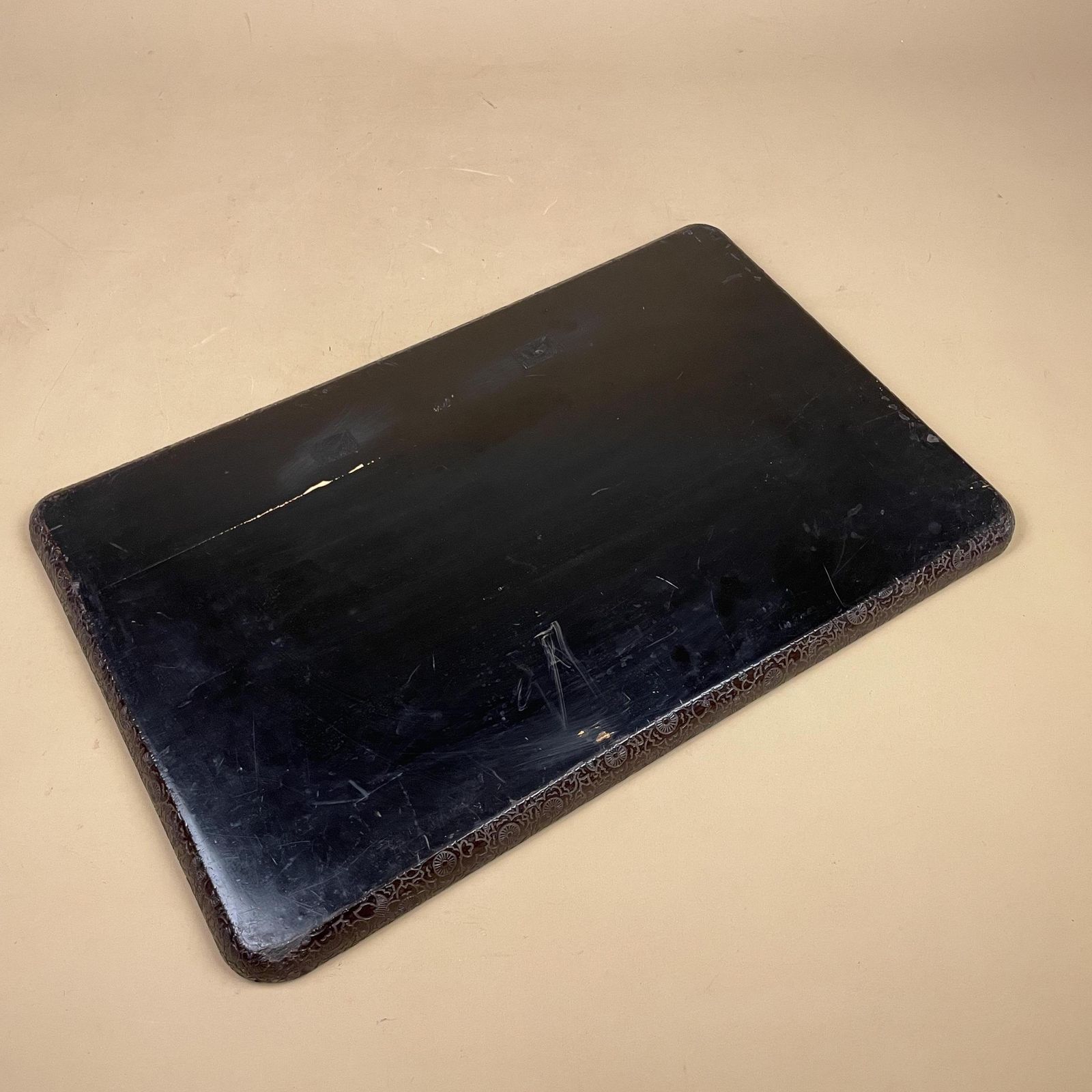 Japanese Tray Hand Painted Duck Scene Black Lacquer Wood Carving Hand Carved Rectangular Asian Oriental Antique Style photo vintage