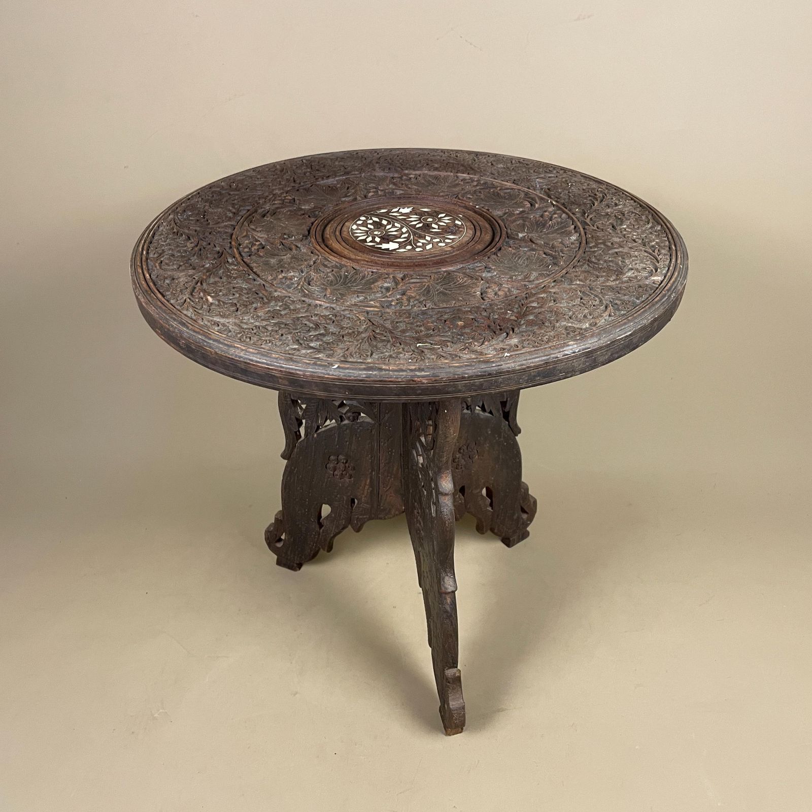 Indian Wooden Table Decorative Intricate Patterned Inlay Top Hand Crafted Round Vintage Antique Asian Plant Stand Floral Pattern Small Wood