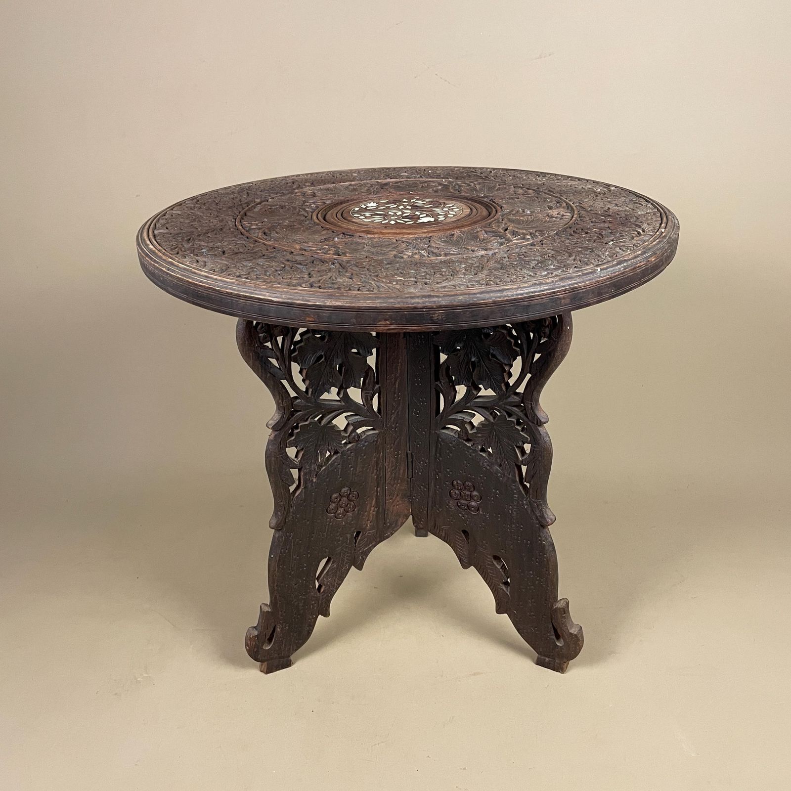 Indian Wooden Table Decorative Intricate Patterned Inlay Top Hand Crafted Round Vintage Antique Asian Plant Stand Floral Pattern Small Wood photo for sale