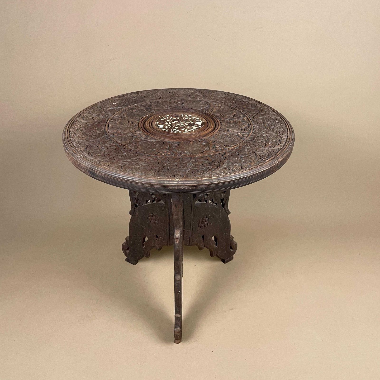 Indian Wooden Table Decorative Intricate Patterned Inlay Top Hand Crafted Round Vintage Antique Asian Plant Stand Floral Pattern Small Wood photo vinterior