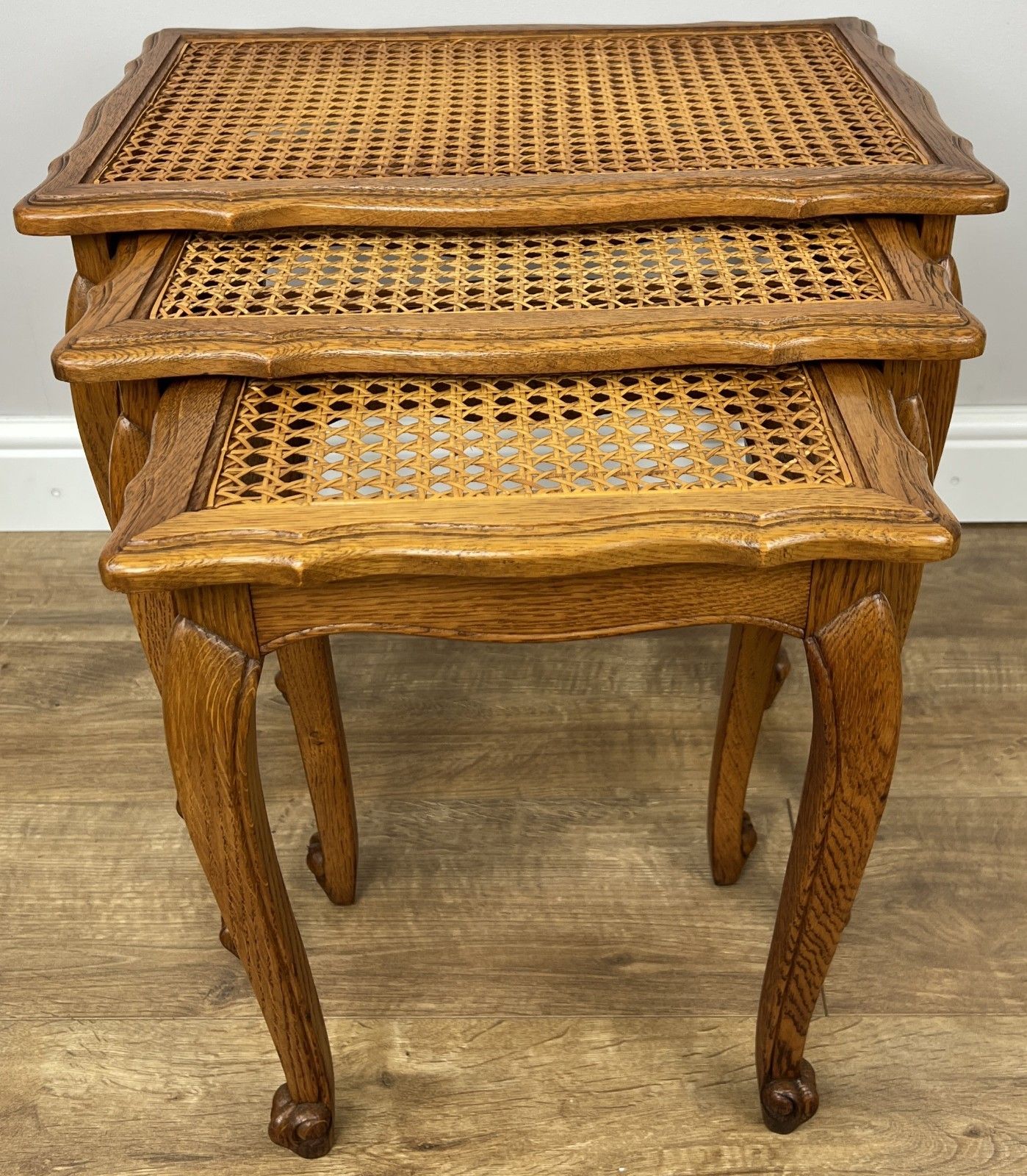 Vintage French Louis Oak Cane Set Of Three Nested Carved Tables Lot 4909 photo furniture
