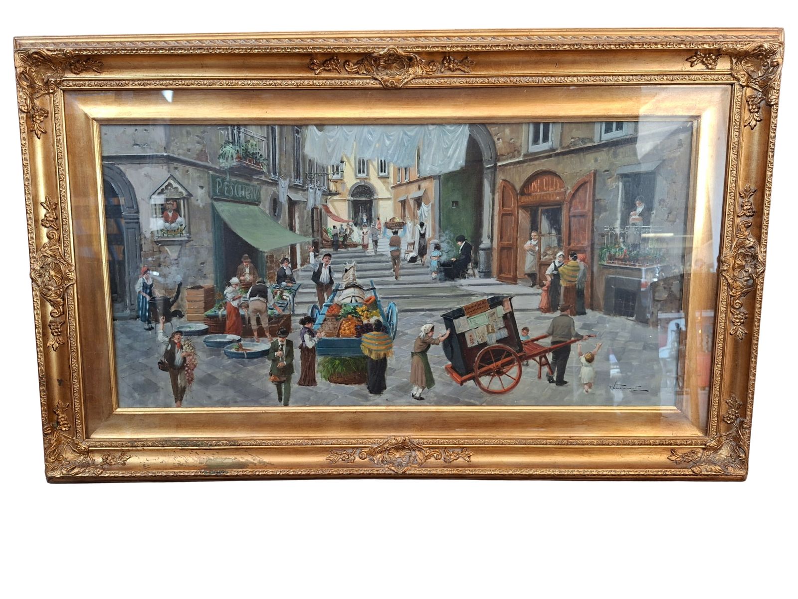 Dipinto A Olio Di Francesco Tammaro Scena Di Mercato Napoletana 80x130 Cm photo buy