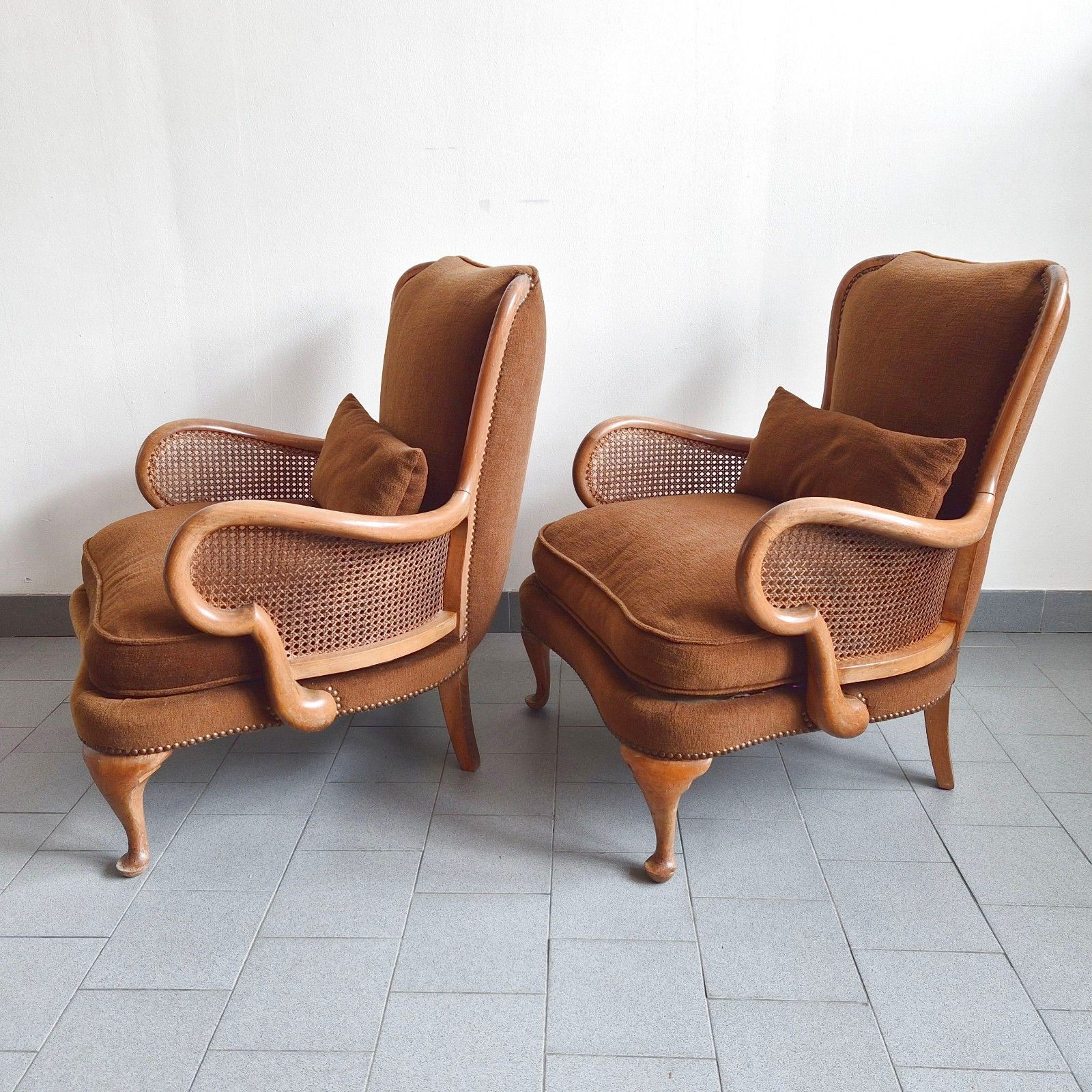 Pair Of Vintage Early 20th Century Shepherd Armchairs In Cane & Wood Superb Curved photo furniture
