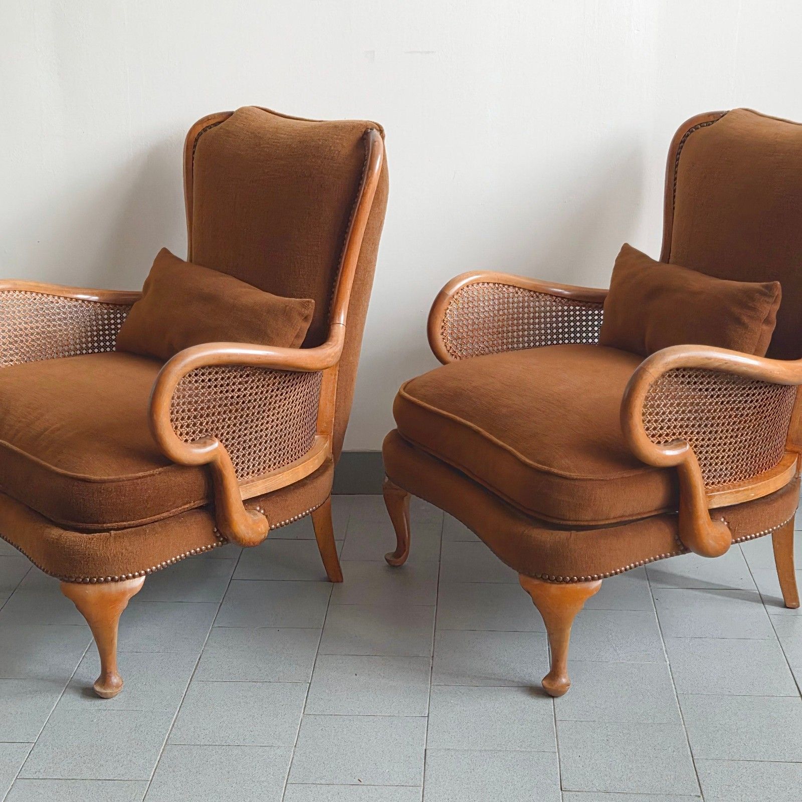 Furniture Pair Of Vintage Early 20th Century Shepherd Armchairs In Cane & Wood Superb Curved photo