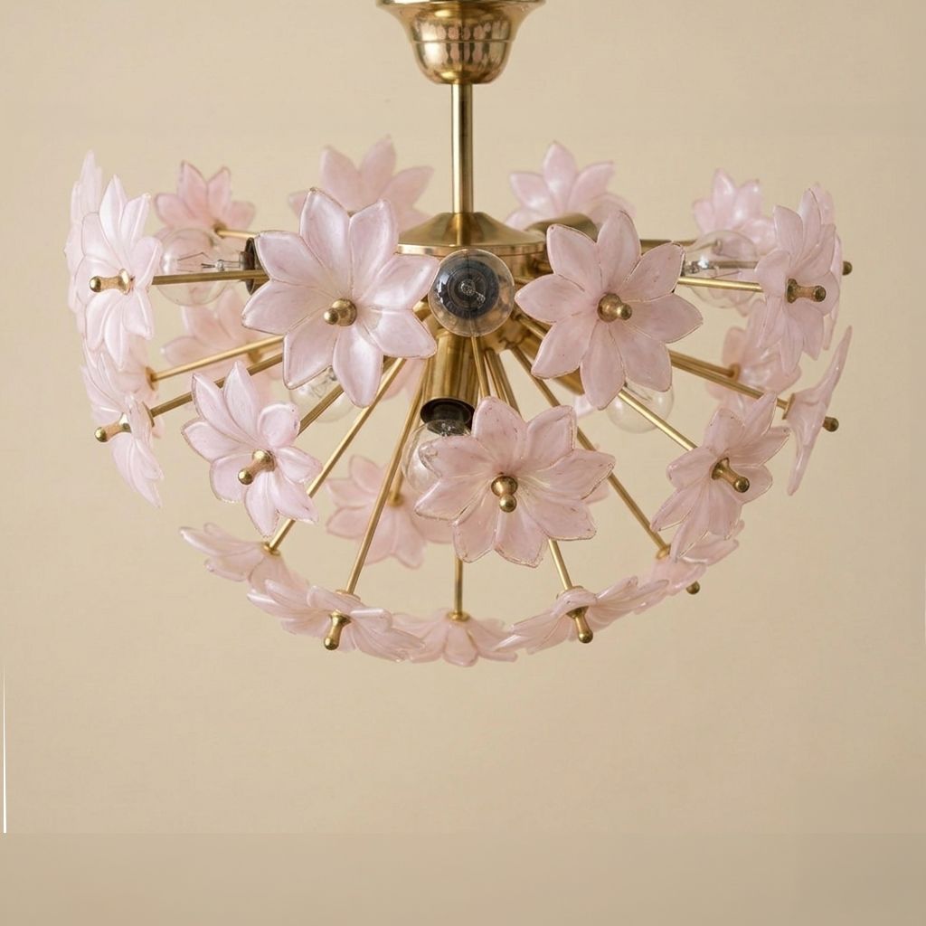 Vintage Murano Glass Blush Pink Flush Mount Bouquet Sputnik Chandelier, Mid Century photo for sale