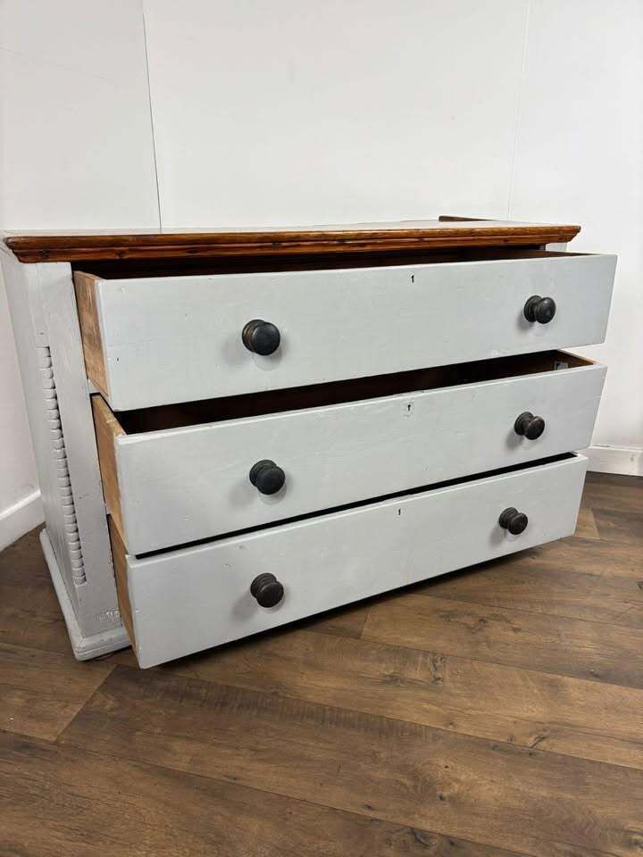 Victorian Pine Three Drawer Painted Chest With Stripped Top photo vintage