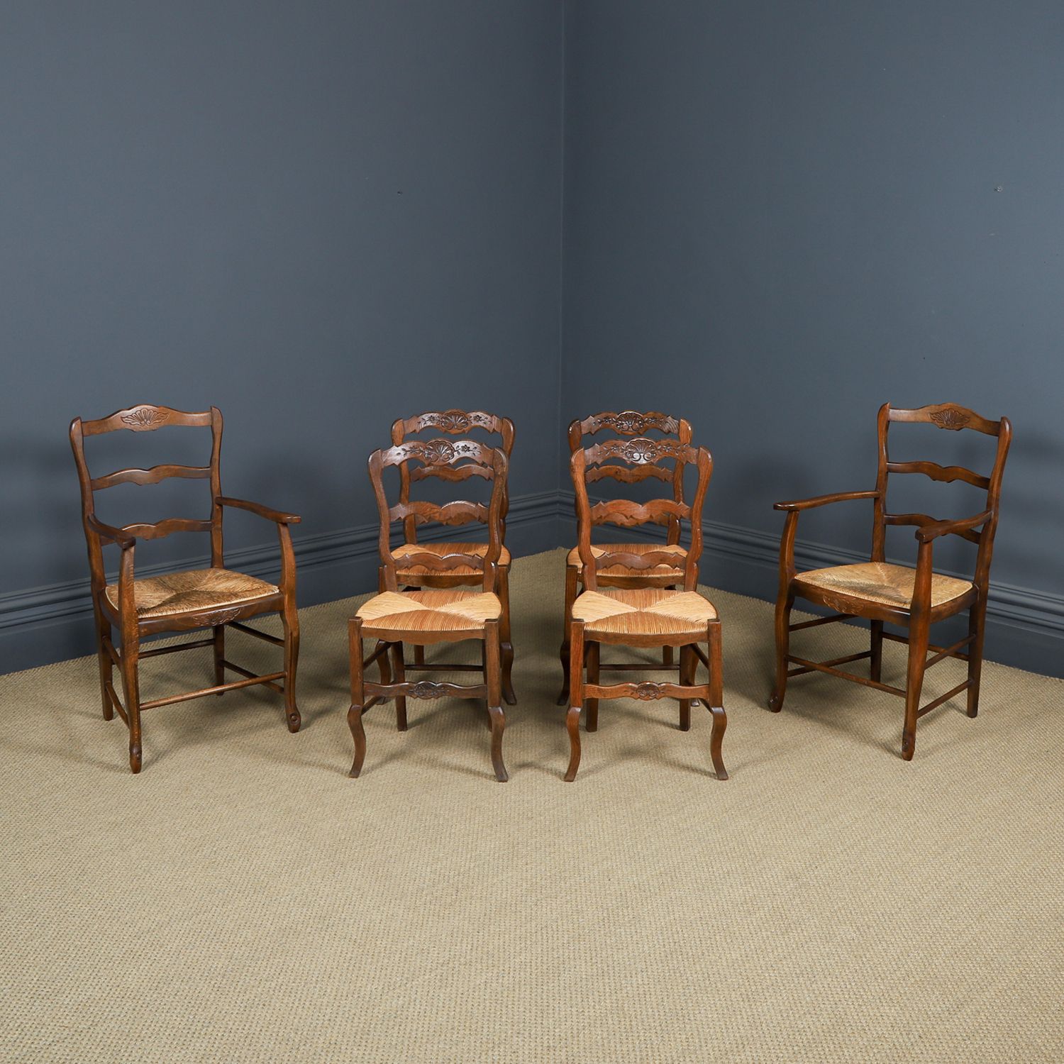 Antique French Set Of 6 Six Louis XV Style Oak Ladder Back Rush Seat Kitchen Dining Chairs (Circa 1920) photo for sale