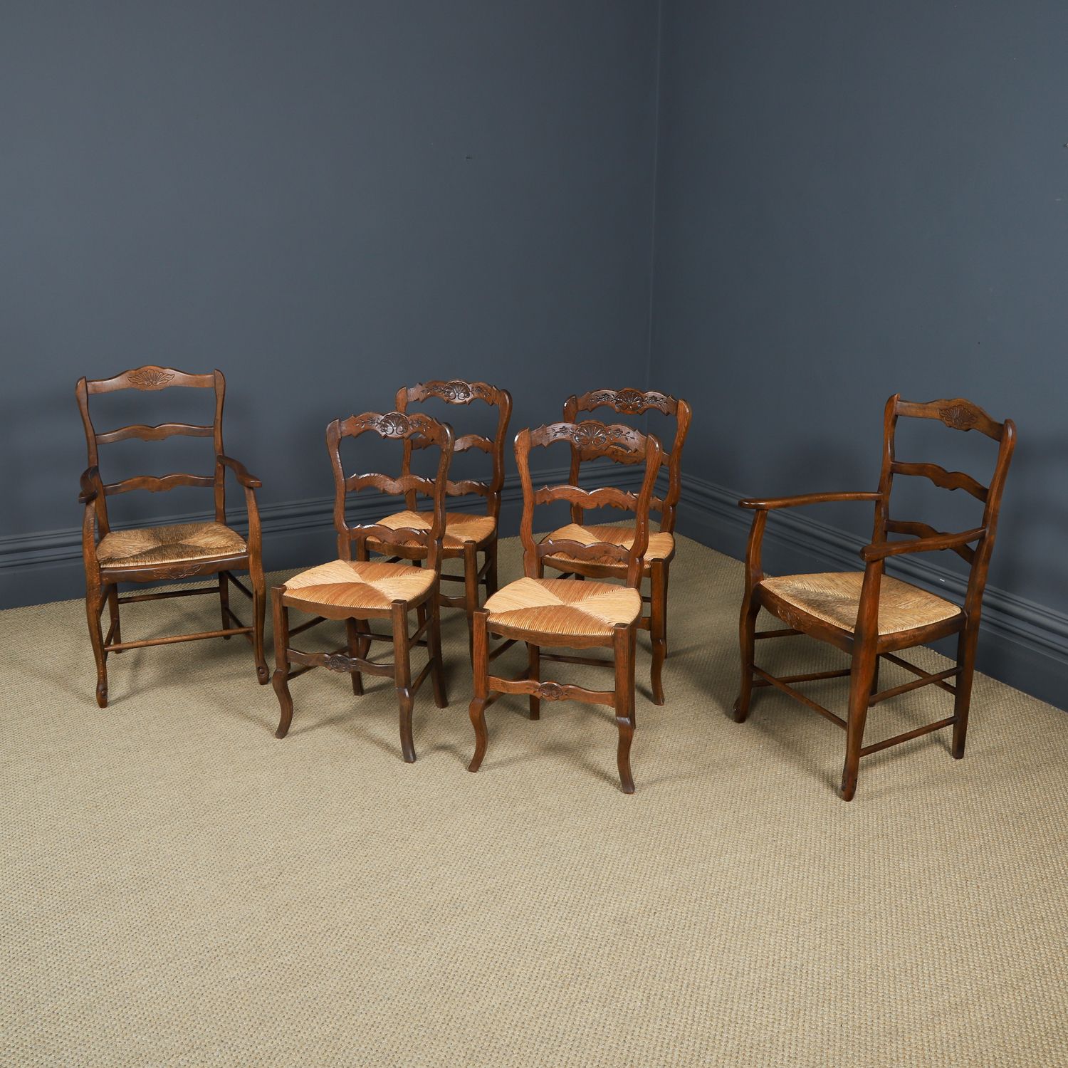 Antique French Set Of 6 Six Louis XV Style Oak Ladder Back Rush Seat Kitchen Dining Chairs (Circa 1920) photo Furniture