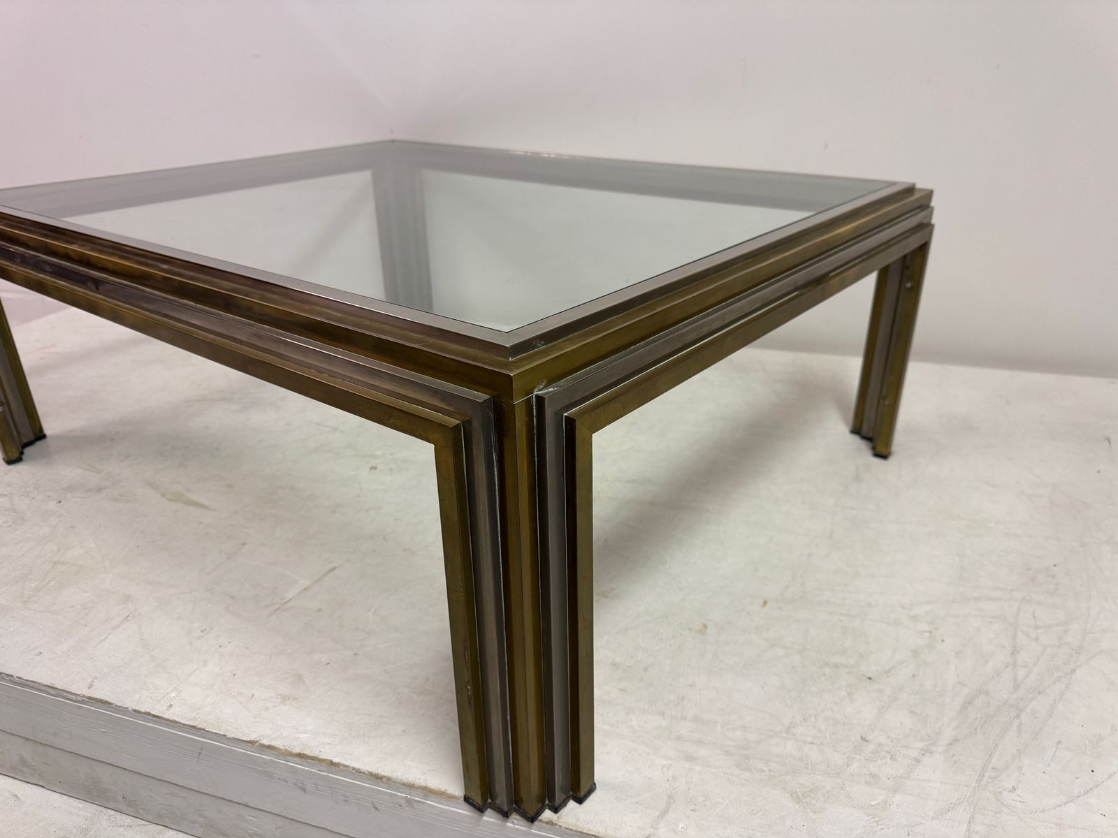 photo for sale 1970s French Steel And Brass Coffee Table