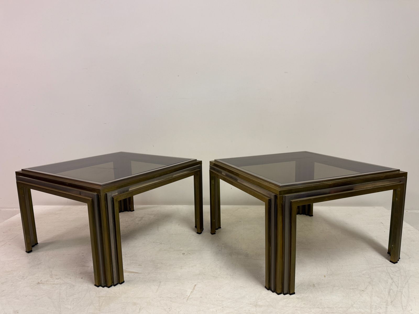 photo for sale Pair Of 1970s Steel And Brass Side Tables