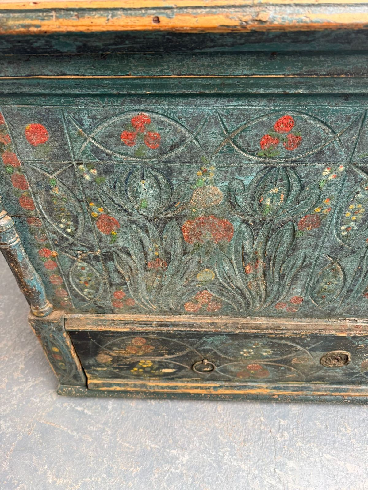 A Truly Amazing Genuine Hungarian Georgian Painted Teal Large Mule Chest photo furniture