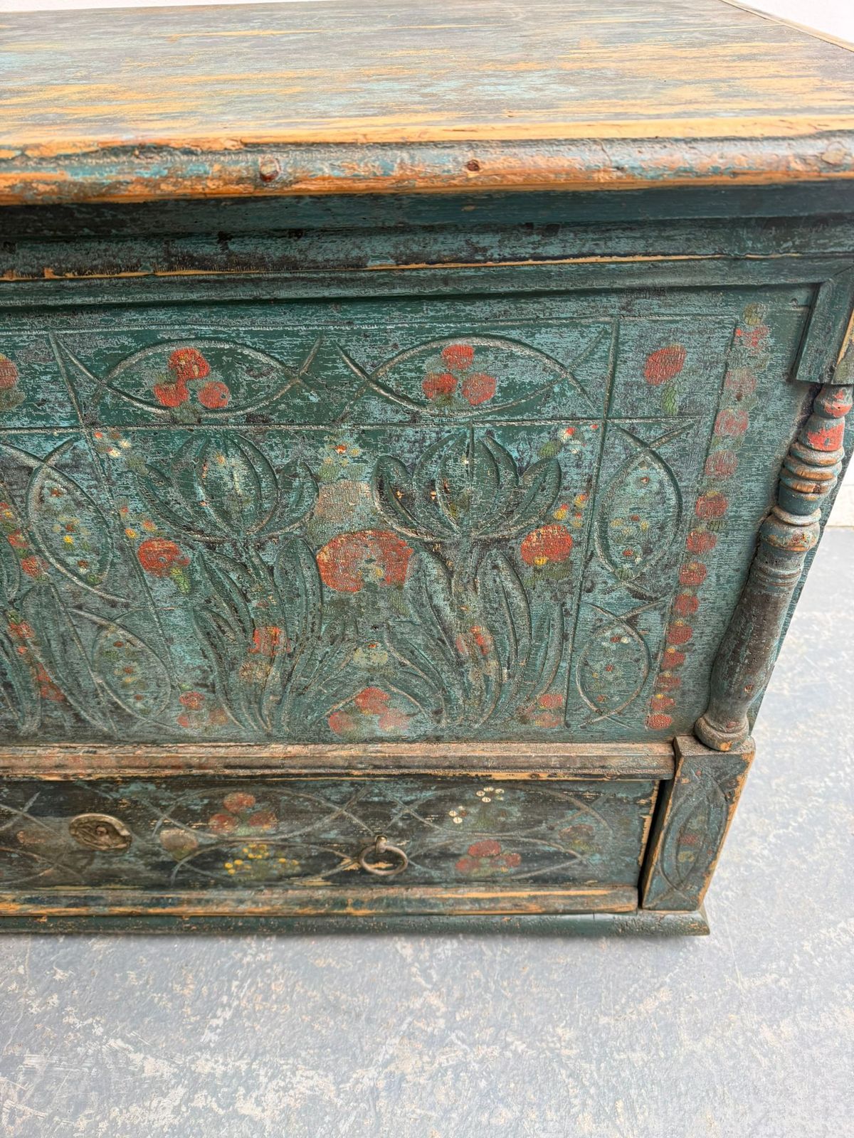 A Truly Amazing Genuine Hungarian Georgian Painted Teal Large Mule Chest photo vintage