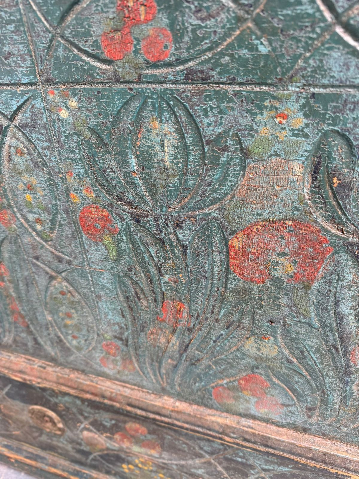 Furniture A Truly Amazing Genuine Hungarian Georgian Painted Teal Large Mule Chest photo