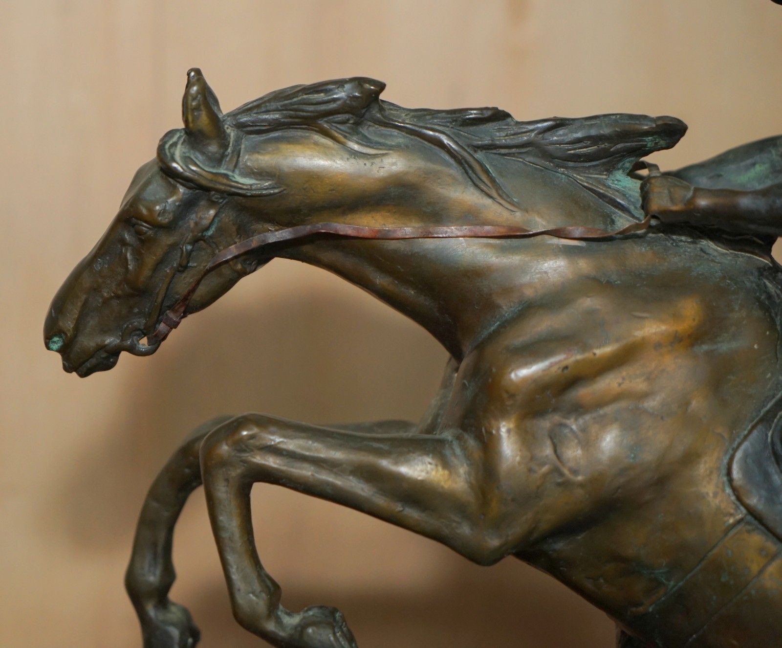 Art Large Vintage Bronze And Gilt Bronze With Marble Base Statue Of A Jockey & Rider photo