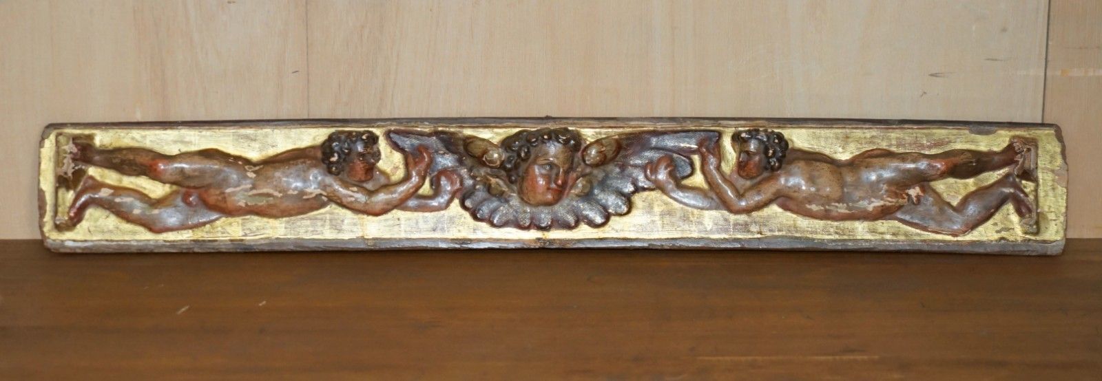 Antique Baroque Giltwood Carved, Polychrome Painted 18th Century Putti Supraport photo furniture