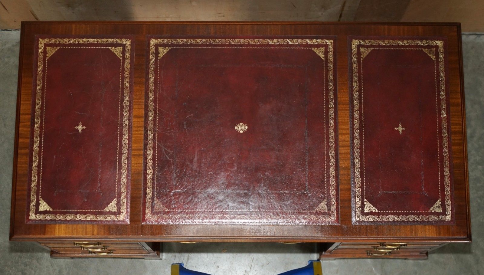 photo for sale Lovely Bevan Funnell Mahogany Partner Desk Oxblood Gold Leaf Tooled Leather Top