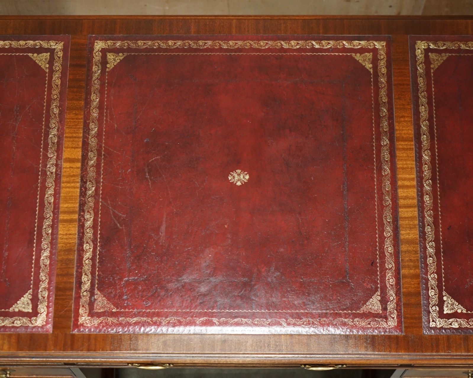 1350.0 Lovely Bevan Funnell Mahogany Partner Desk Oxblood Gold Leaf Tooled Leather Top photo