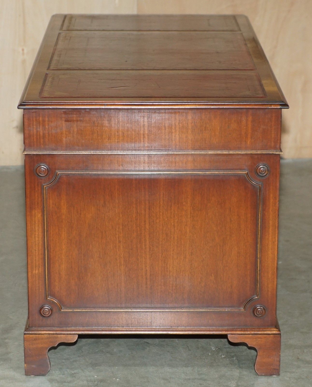 photo buy Lovely Bevan Funnell Mahogany Partner Desk Oxblood Gold Leaf Tooled Leather Top