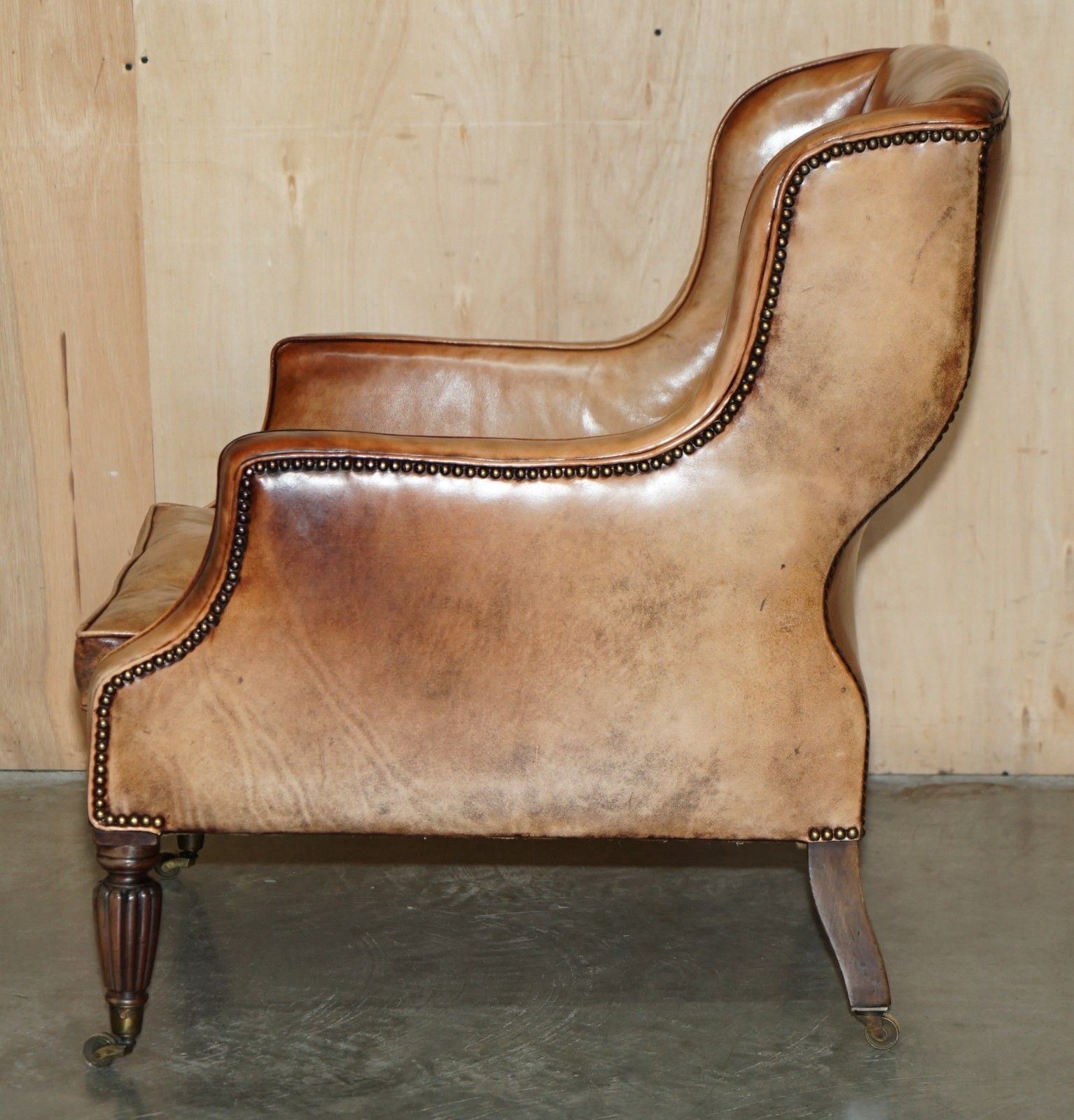 Furniture Sculptural Frame Antique Chesterfield William IV Brown Leather Library Armchair photo
