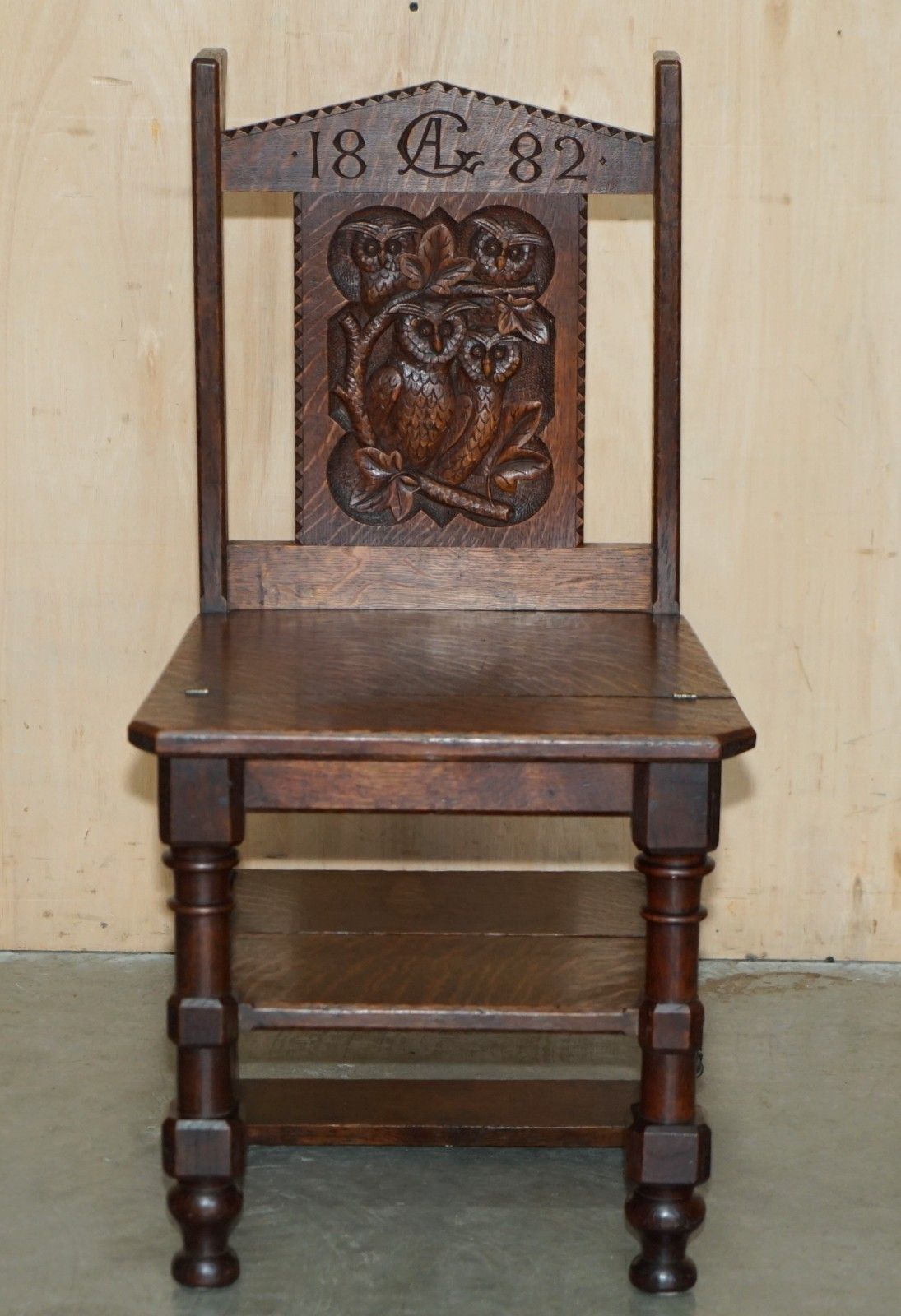 Lovely Super Rare Antique 1882 Dated Owl Carved Metamorphic Library Steps Chair photo for sale