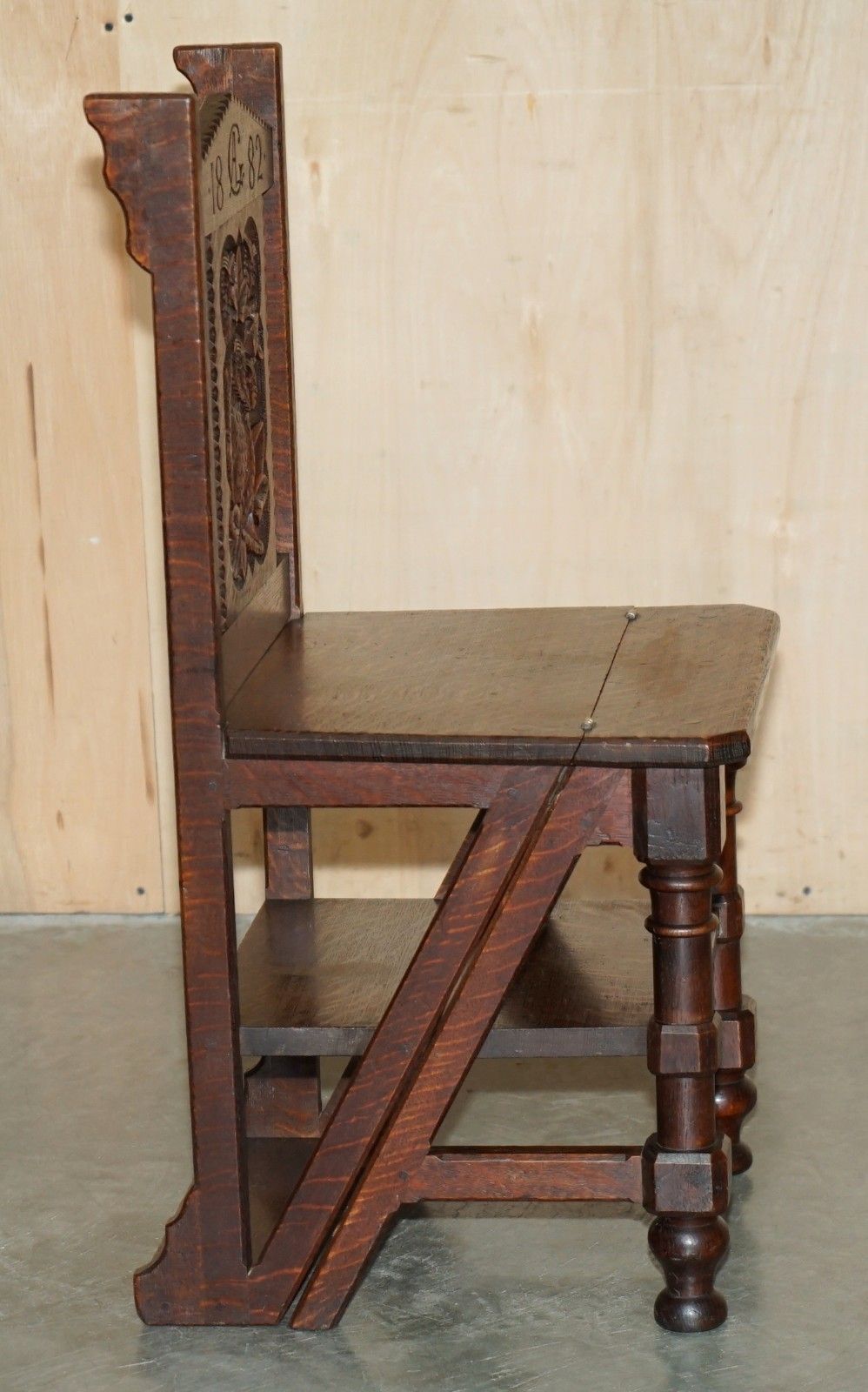 photo vinterior Lovely Super Rare Antique 1882 Dated Owl Carved Metamorphic Library Steps Chair