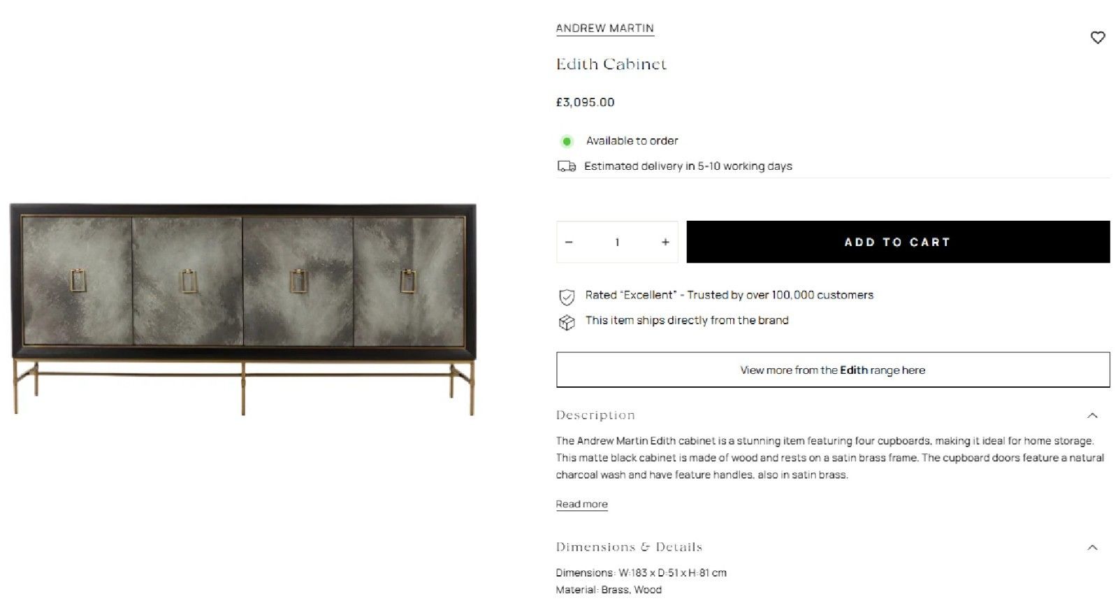 Rrp £3095 Andrew Martin Edith Charcoal & Bronzed Sideboard Storage Drink Cabinet photo furniture