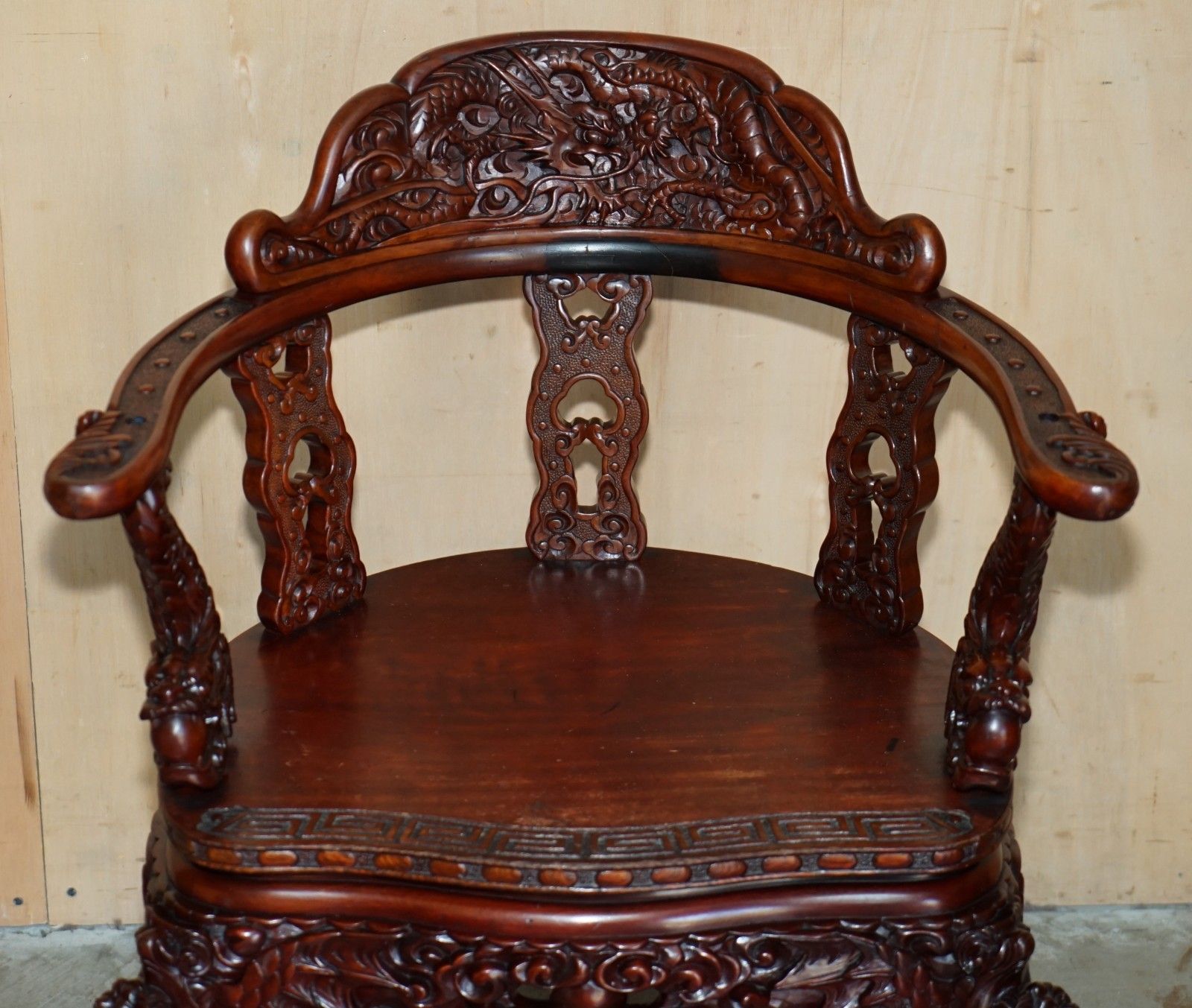 Antique Chinese Dragon Circa 1920's Ornate Deep Red Lacquered Throne Armchair photo for sale