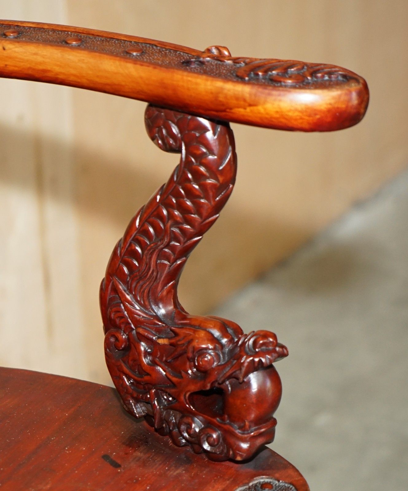 photo for sale Antique Chinese Dragon Circa 1920's Ornate Deep Red Lacquered Throne Armchair