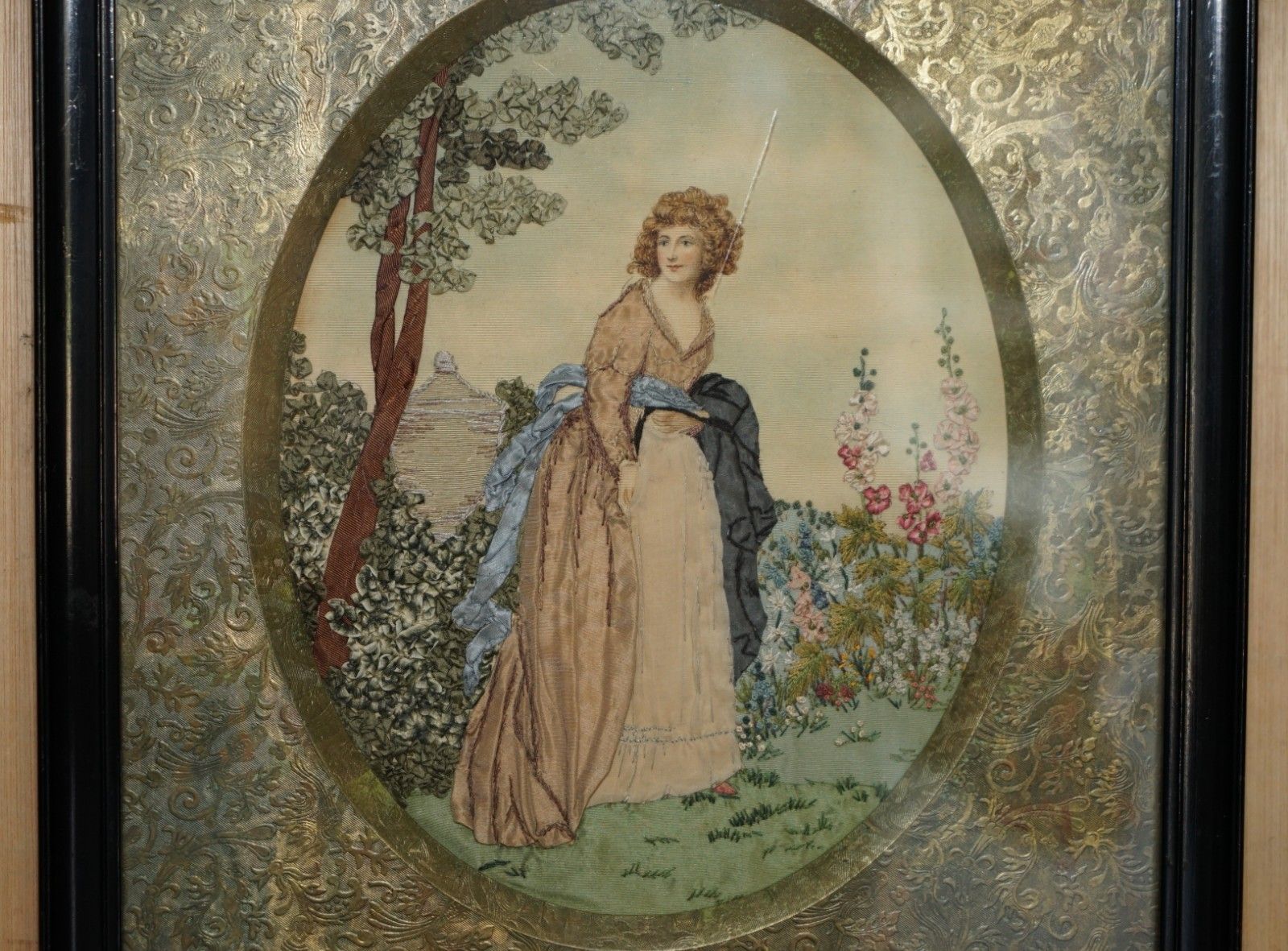 19th Century Silk & Wool Work Stumpwork Embroidery Tapestry Stunning Boarder photo furniture