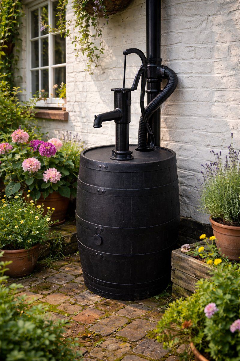 Garden Water Pump On Black Barrel In Cast Iron photo furniture