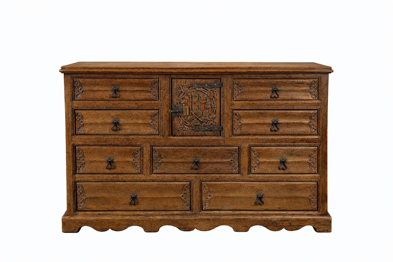 Antique Chest Of Drawers In Black Forest Carved Oak, 1800s