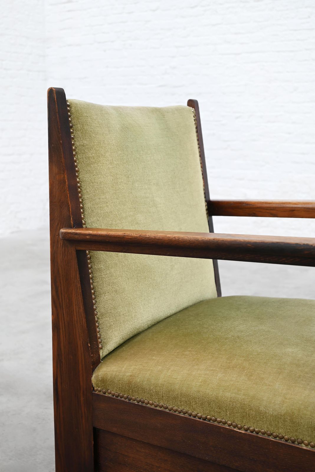 Hague School Sculptural Armchair, Stained Oak, The Netherlands, 1920s photo vintage