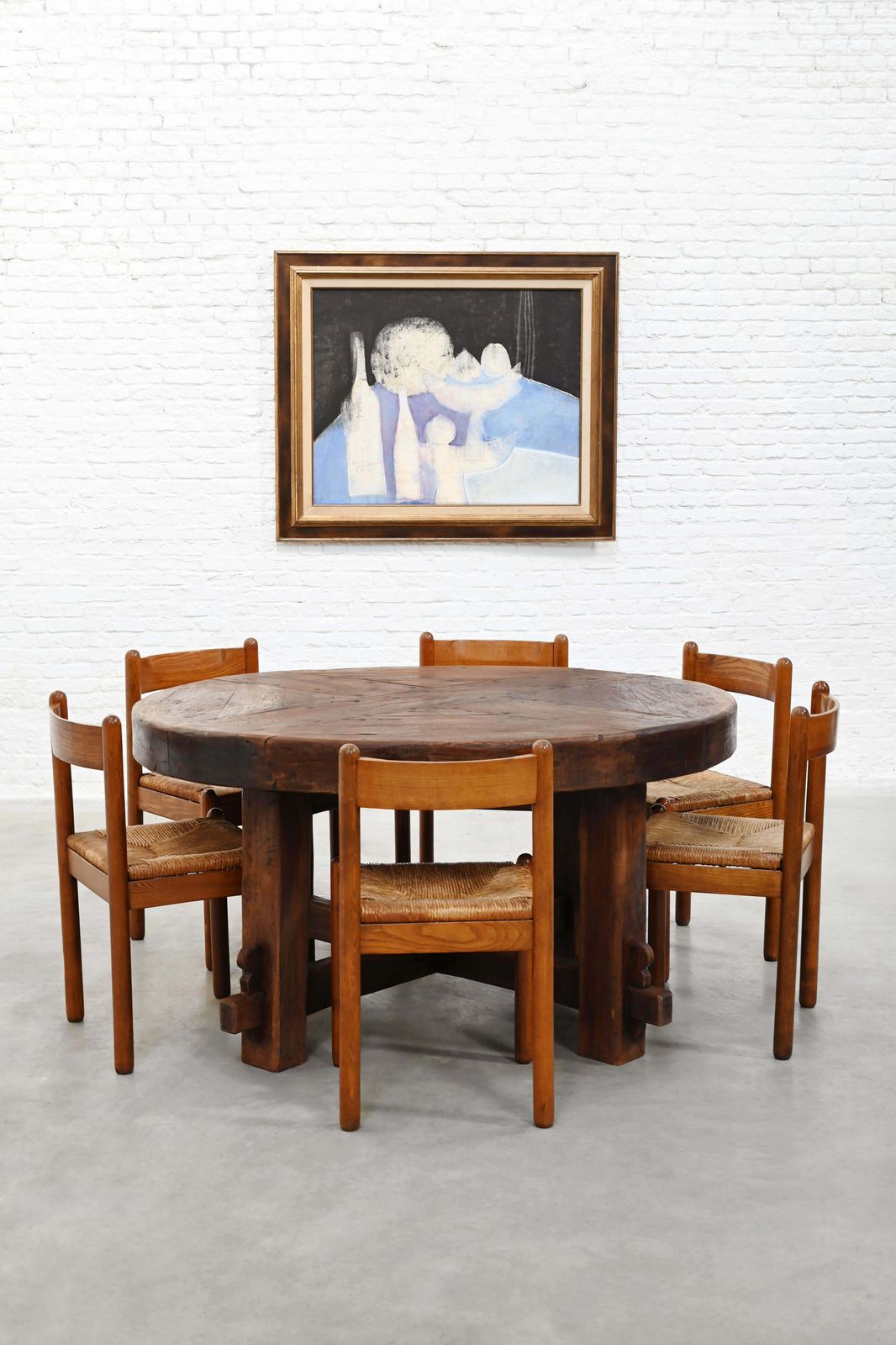 Set Of Six French Oak Dining Chairs With Rush Seats, 1960's photo vintage
