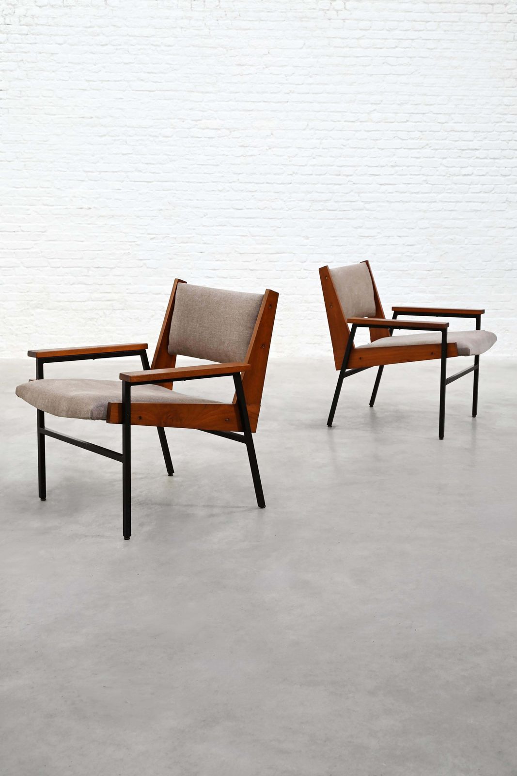 Pair Of Modernist Armchairs In Wood And Metal, 1950s photo furniture