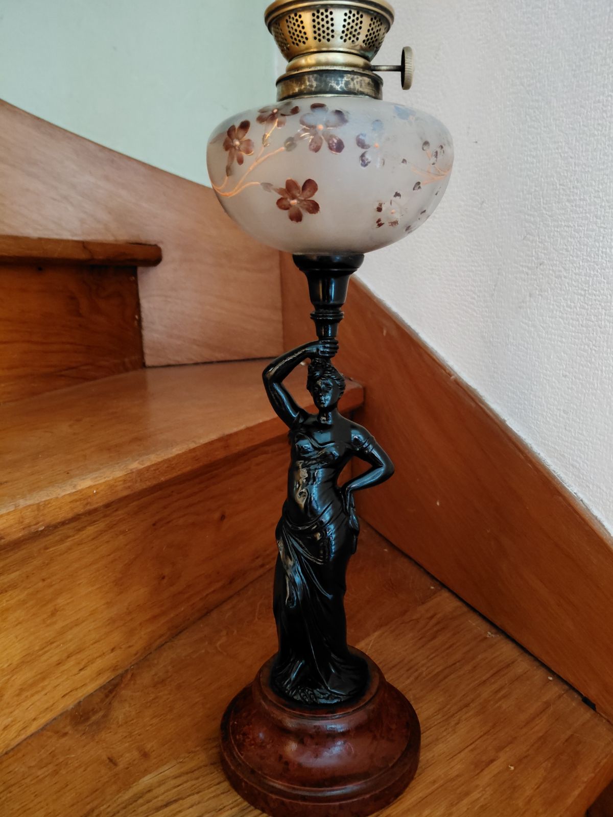 Antique French Lady Figurine Oil Lamp photo vintage
