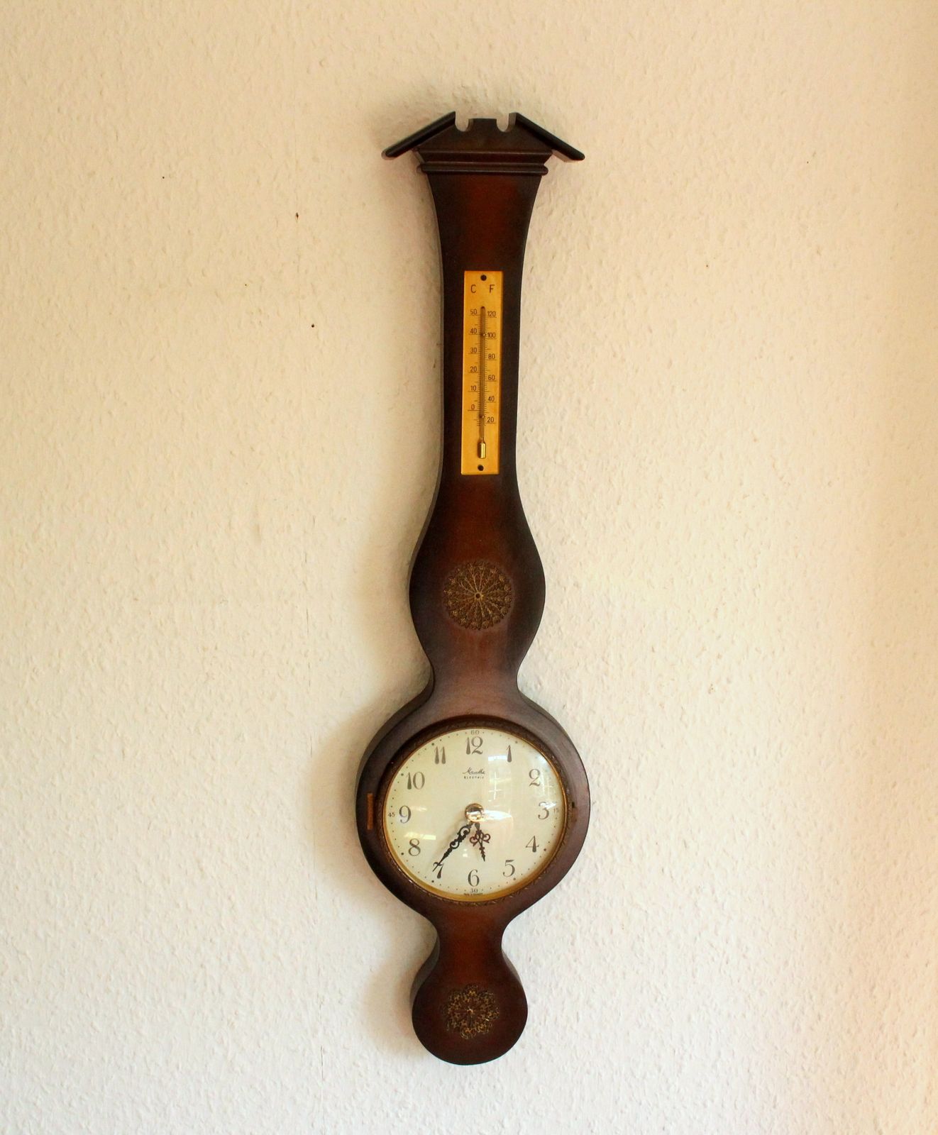 1950s   High Quality Wall Clock By Mauthe Electric With A Thermometer (Showing Celsius And Fahrenheit) As A Set,  Made Of Walnut Wood, Glass, Metal