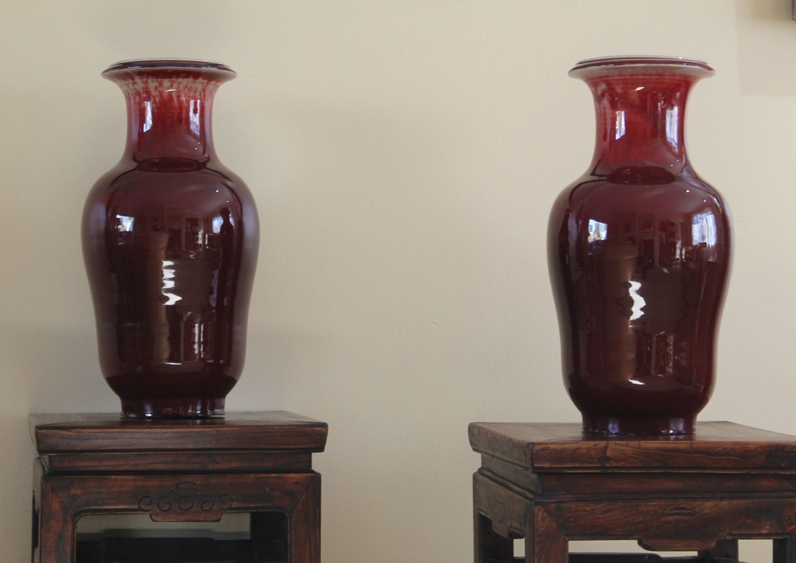 Large Antique Chinese Early Qing Dynasty,18th C.   Flambe "Sang De Boeuf" Vases (Pair)