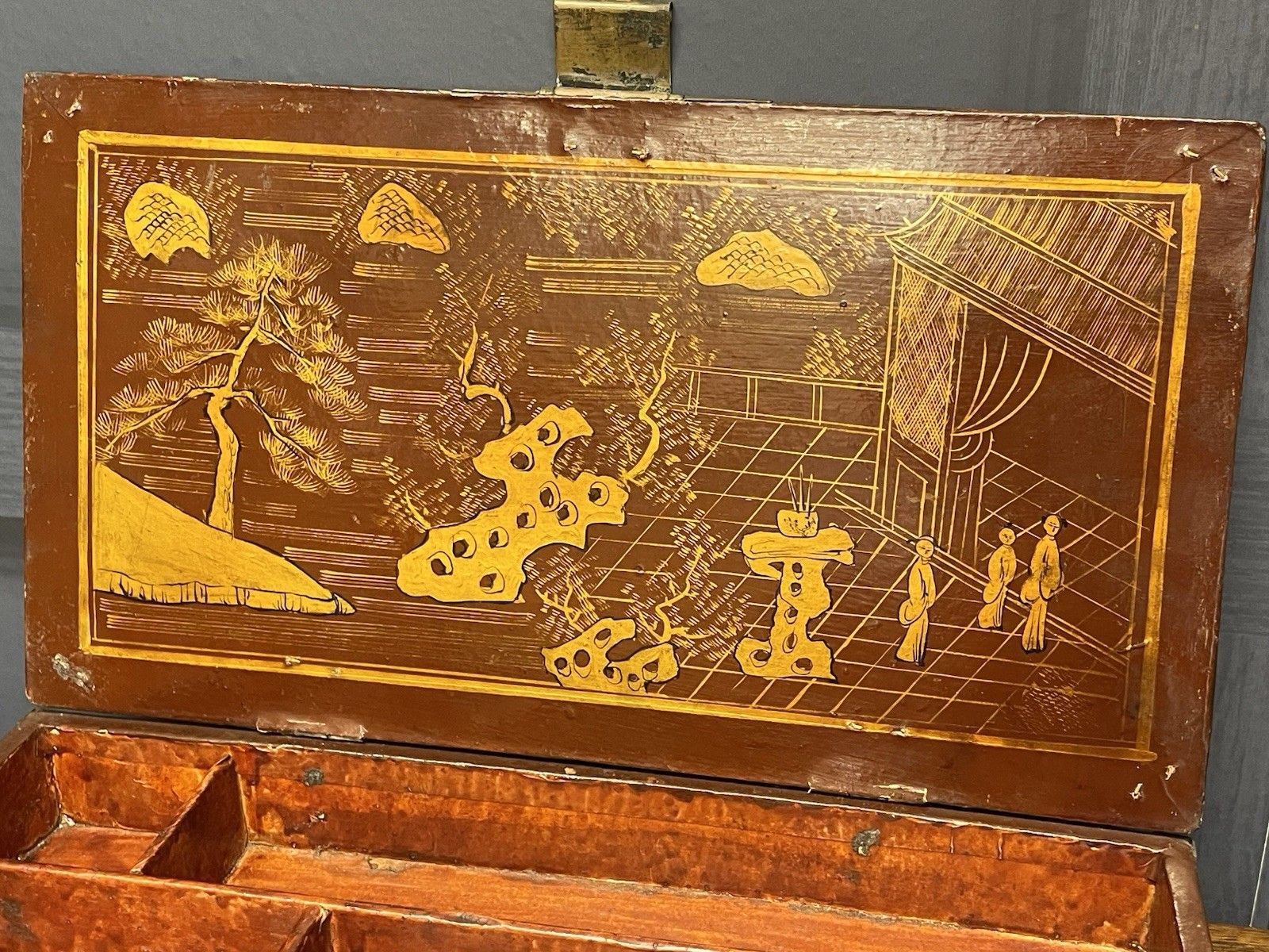 Rare Antique Chinese Lacquer Red & Gold Writing Artist Box Qing Dynasty photo vintage